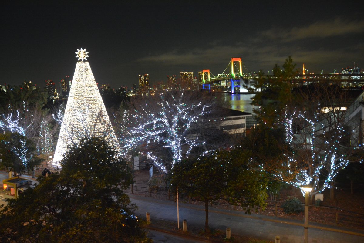 「お台場イルミネーションYAKEI」ベイサイドのイルミネーション越しに見るレインボーブリッジ