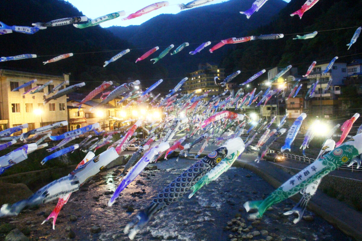 杖立温泉鯉のぼり祭り2021！川上へ雄大に泳ぐ鯉。夜間ライトアップで艶やかに